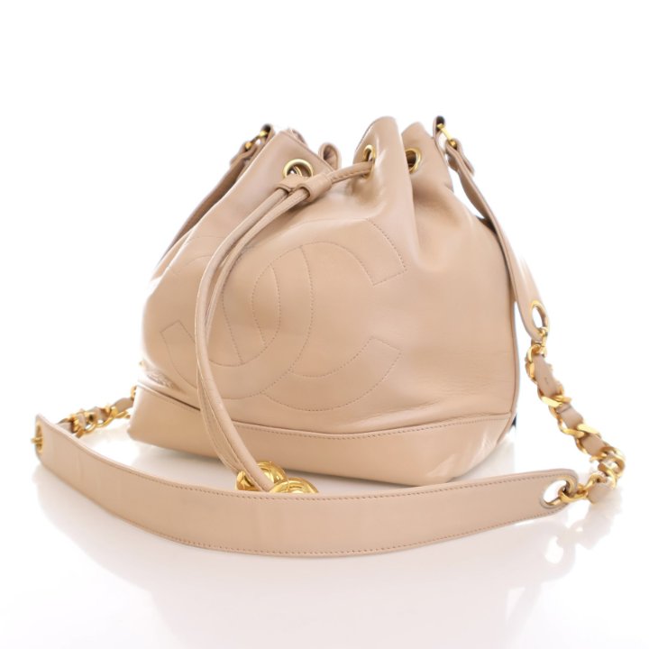 Chanel Beige Lambskin Vintage CC Drawstring Bucket Bag