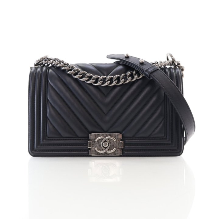 Chanel Medium Black Calfskin Chevron Boy Bag - Luxe Du Jour