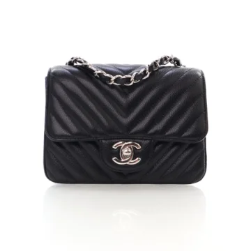 Chanel Mini Black Caviar Chevron Square Flap Bag