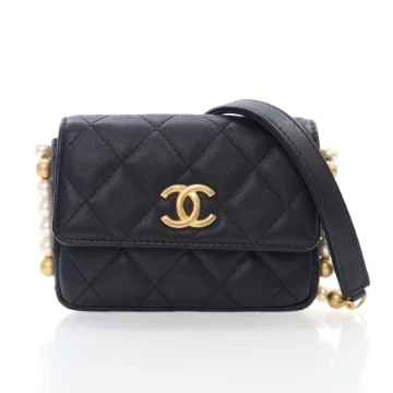 Chanel Mini Black Lambskin About Pearls Card Holder Flap