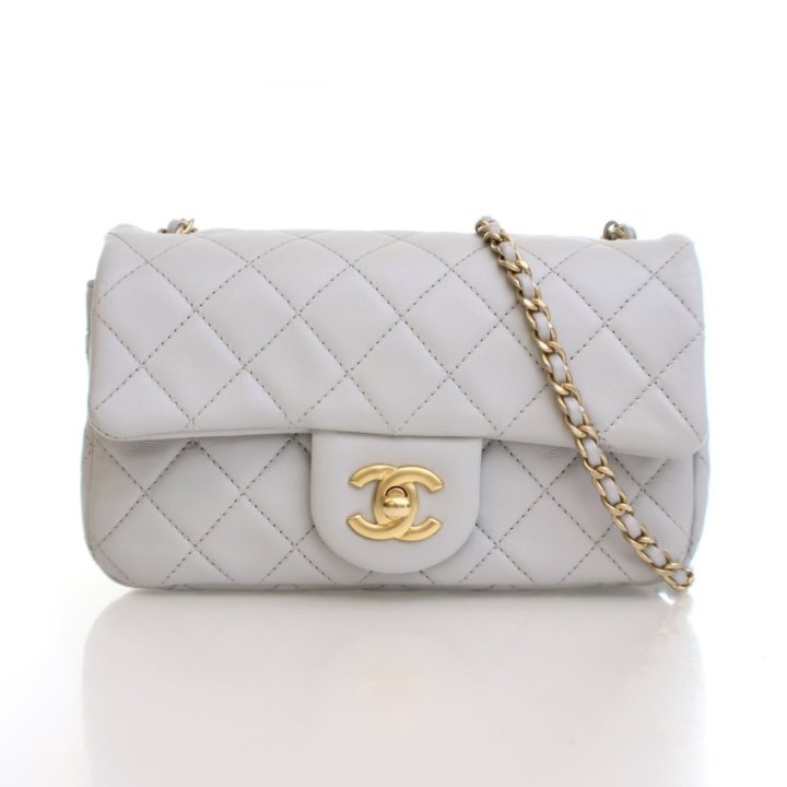 Chanel Mini Grey Calfskin Rectangular Pearl Crush Flap Bag Luxe