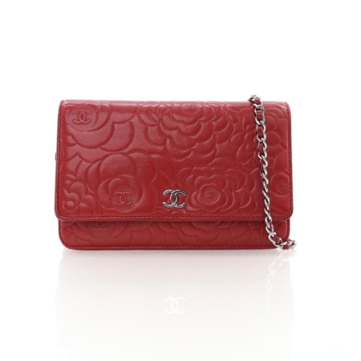 Chanel Red Lambskin Camellia Embossed Wallet On Chain (WOC) - Luxe