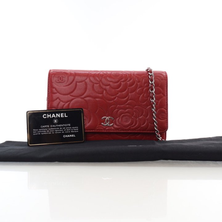 Chanel Red Lambskin Camellia Embossed Wallet On Chain (WOC) - Luxe