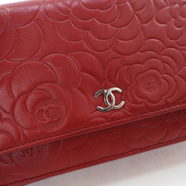 Chanel Red Lambskin Camellia Embossed Wallet On Chain (WOC) - Luxe