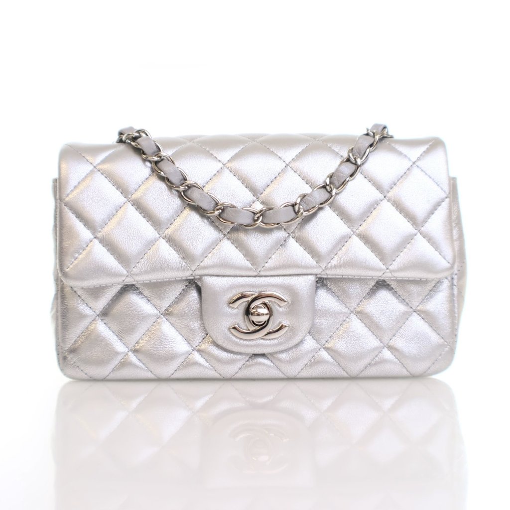 Chanel Mini Silver Lambskin Classic Rectangular Flap Bag - Luxe Du Jour