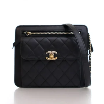 Chanel Black Lambskin Square Front Pocket Clutch With Chain