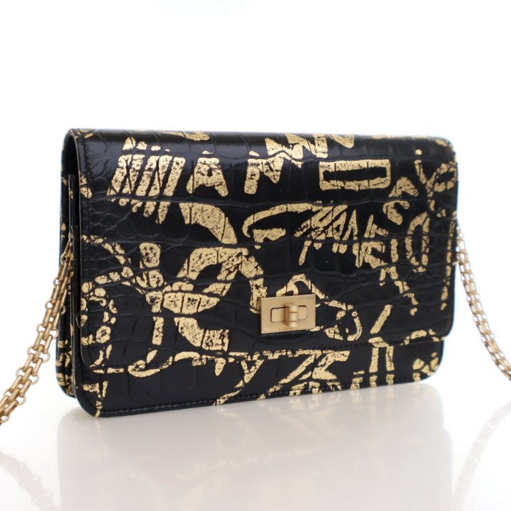 Chanel Black Calfskin Embossed Graffiti Reissue Wallet On Chain