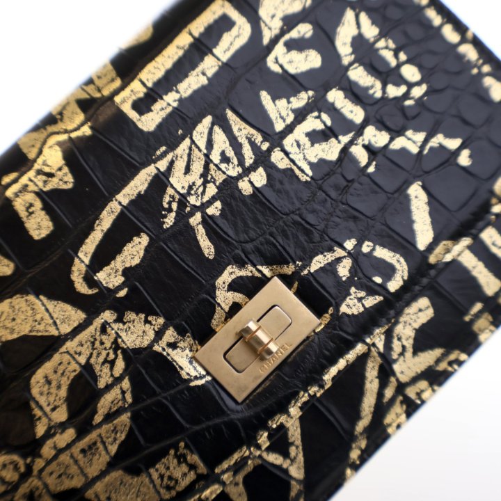 Chanel Black Calfskin Embossed Graffiti Reissue Wallet On Chain