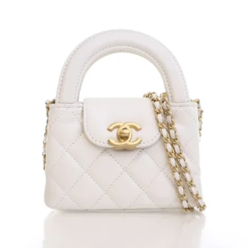 Chanel Mini Nano White Crinkled Calfskin Kelly Shopper Bag