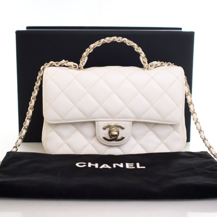 Chanel Mini White Lambskin Rectangular Crystal Top Handle Flap Bag