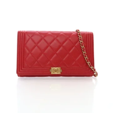 Chanel Red Lambskin Boy Wallet With Chain