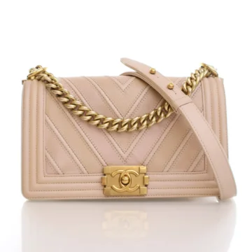 Chanel Medium Beige Caviar Suede Calfskin Chevron Boy Bag