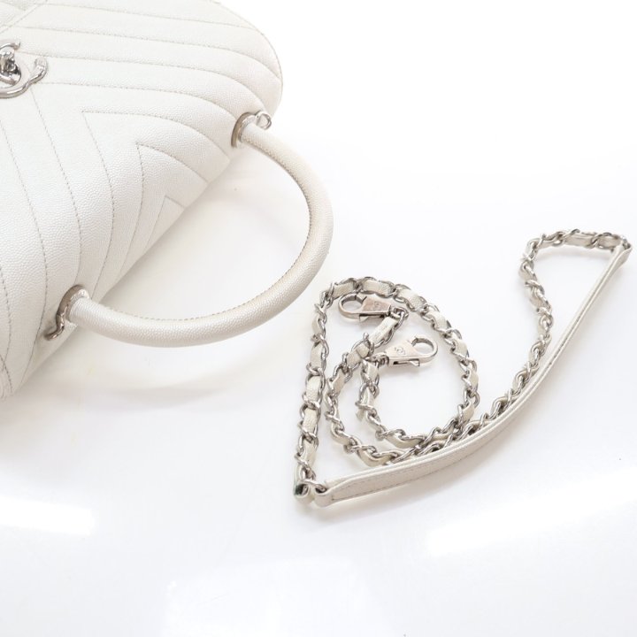 Chanel Medium White Chevron Caviar Coco Handle Flap Bag