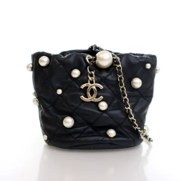 Chanel Mini Black Lambskin About Pearls Bucket Bag
