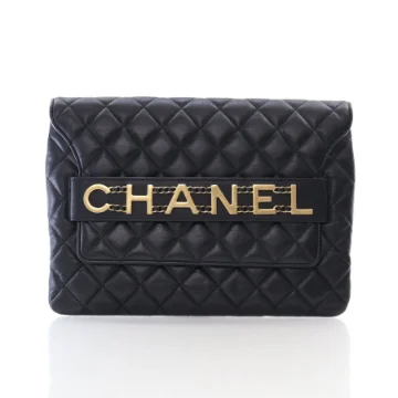 Chanel Black Calfskin  Quilted Front Logo Enchained Clutch