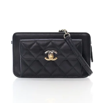 Chanel Black Lambskin Front Pocket Clutch With Chain