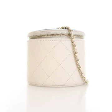 Chanel Small White Lambskin Round Vanity Case With Chain