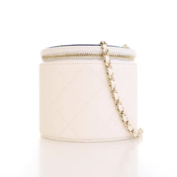 Chanel Mini White Lambskin Round Vanity Case With Chain