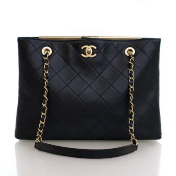 Chanel Large Black Goatskin Signature Plate Shopping Tote
