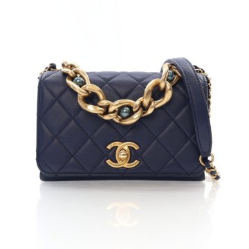 【CHANEL】Chanel flap bag (navy )★シャネル【ランク:A】 Chanel Mini Navy Calfskin Pearl Chain Flap Bag - Luxe Du Jour