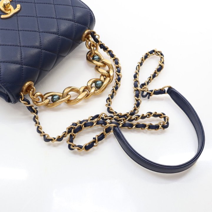 Chanel Mini Navy Calfskin Pearl Chain Flap Bag - Luxe Du Jour