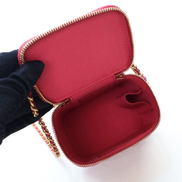 Chanel Mini Red Lambskin Top Handle Vanity Case With Chain - Luxe Chanel Mini Red Lambskin Top Handle Vanity Case With Chain - Luxe