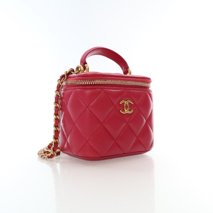 Chanel Mini Red Lambskin Top Handle Vanity Case With Chain