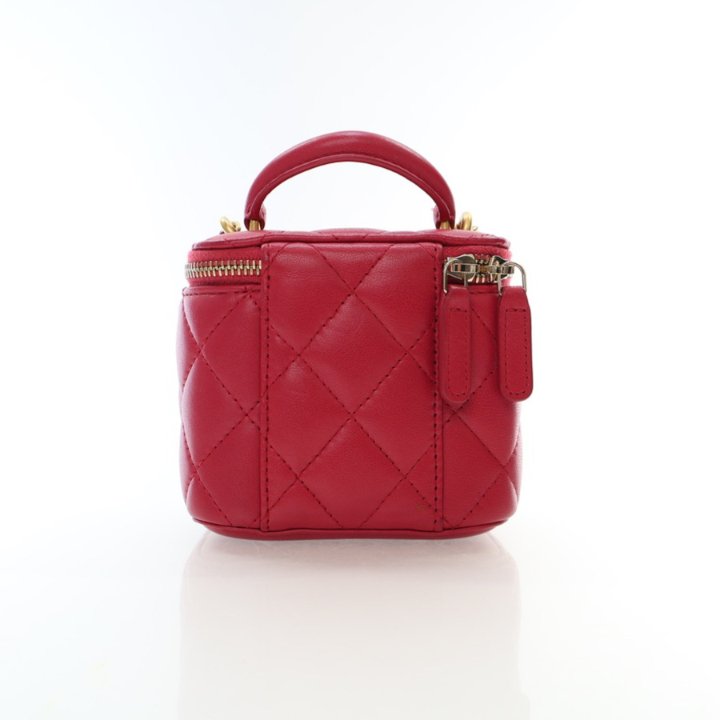 Chanel Mini Red Lambskin Top Handle Vanity Case With Chain