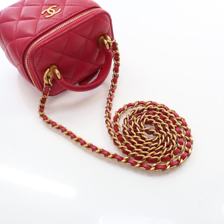 Chanel Mini Red Lambskin Top Handle Vanity Case With Chain