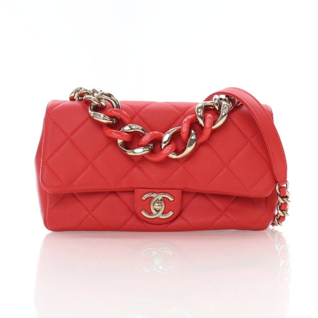 Chanel Small Red Lambskin Resin Bi Color Chain Flap Bag - Luxe Du Jour