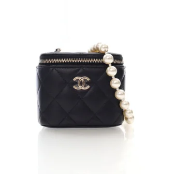 Chanel Mini Black Lambskin Vanity Case With Pearl Chain