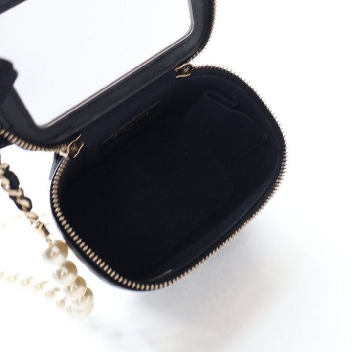 Chanel Mini Black Lambskin Vanity Case With Pearl Chain