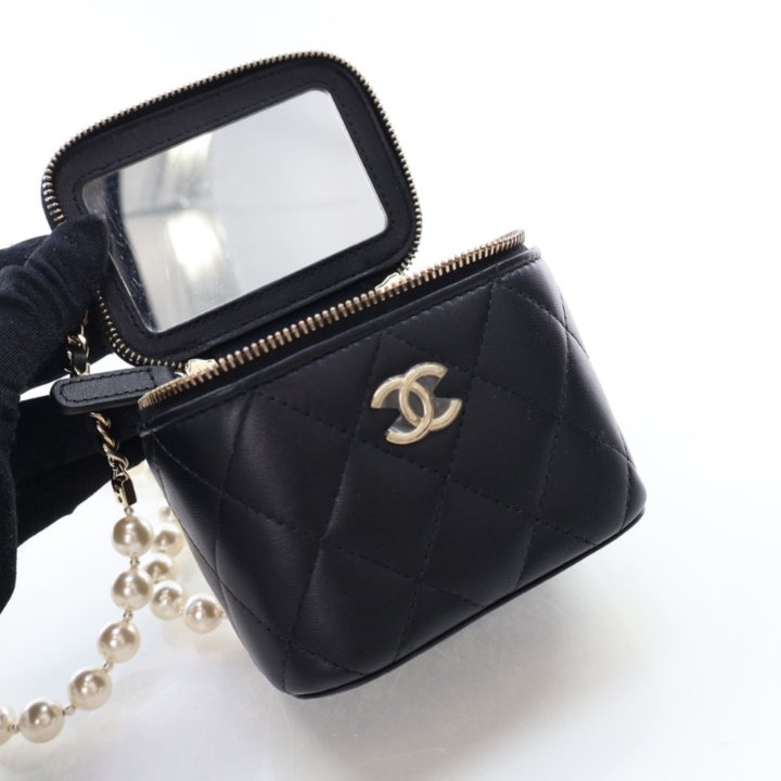 Chanel Mini Black Lambskin Vanity Case With Pearl Chain