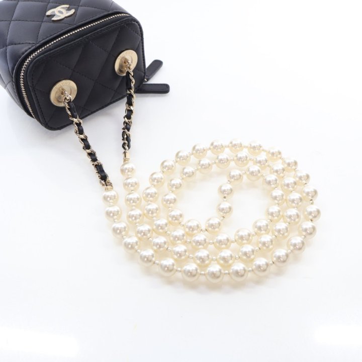 Chanel Mini Black Lambskin Vanity Case With Pearl Chain