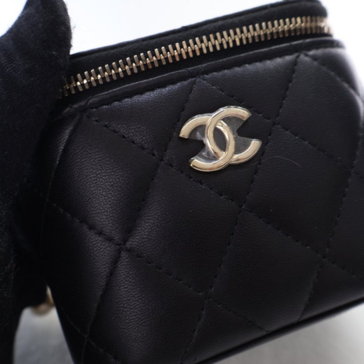 Chanel Mini Black Lambskin Vanity Case With Pearl Chain