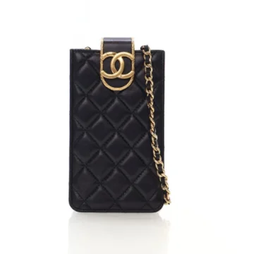 Chanel Mini Black Lambskin Phone Holder With Chain