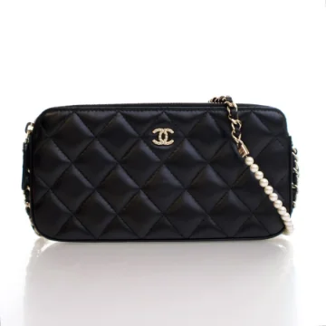 Chanel Small Black Lambskin Clutch With Chain