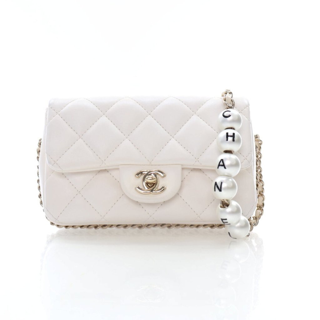 Chanel Mini White Lambskin Logo Pearl Chain Flap Bag - Luxe