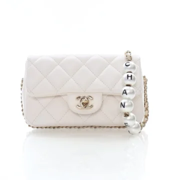 Chanel Mini White Lambskin Logo Pearl Chain Flap Bag