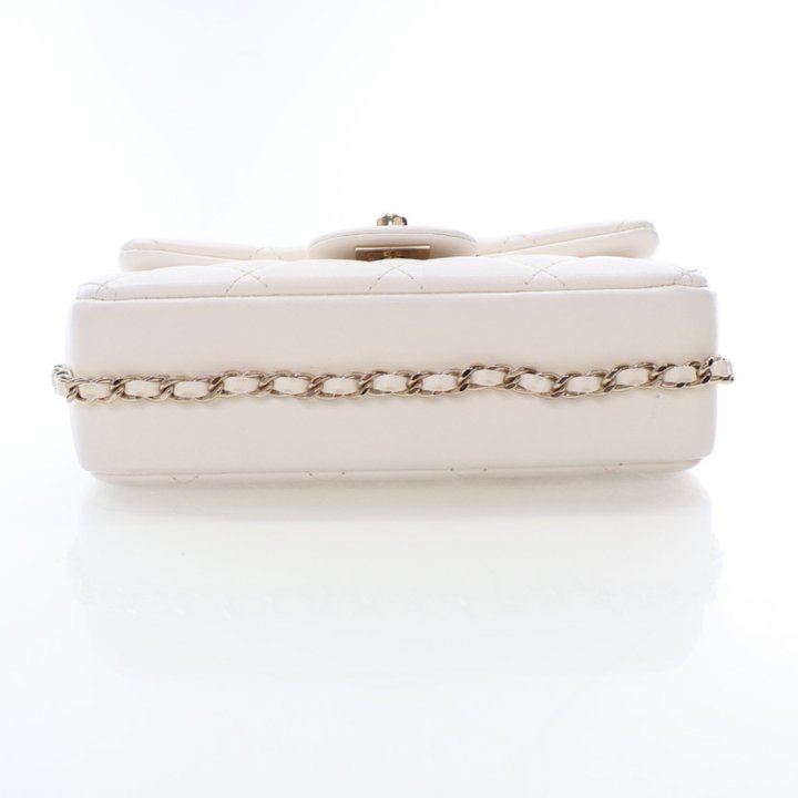 Chanel Mini White Lambskin Logo Pearl Chain Flap Bag - Luxe Bag Rental