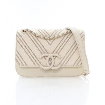 Chanel Small White Sheepskin Subtle Triple Stitch Chevron Flap Bag