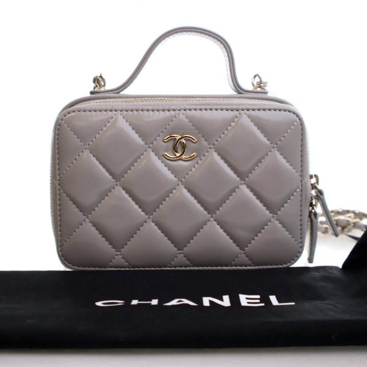 Chanel Mini Grey Glazed Calfskin Double Zip CC Vanity Case - Luxe