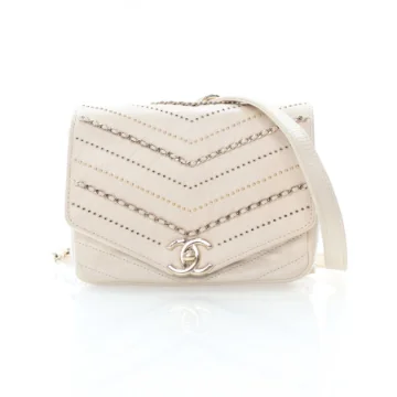 Chanel Mini Cream Crinkled Calfskin Square Chain Sequins Chevron Flap Bag