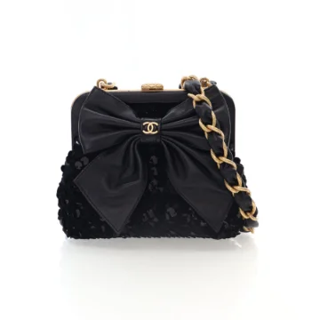 Chanel Black Tweed Lambskin Sequin Bow Clutch With Chain