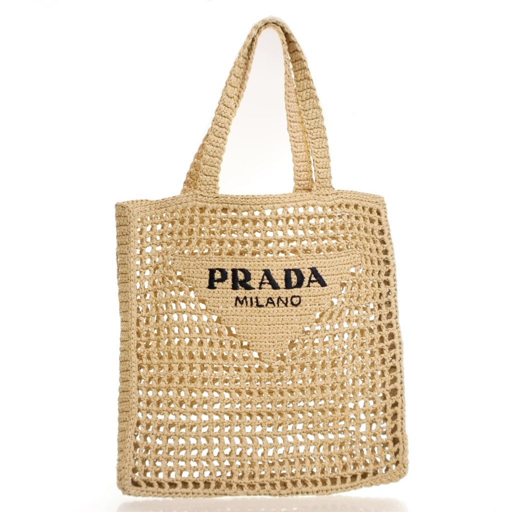 【可愛さアップ♪】PRADA Small Tote Bag In Synthetic Raffia Prada Black Crochet Raffia Small Tote Bag 1BG494 | Yoogi's