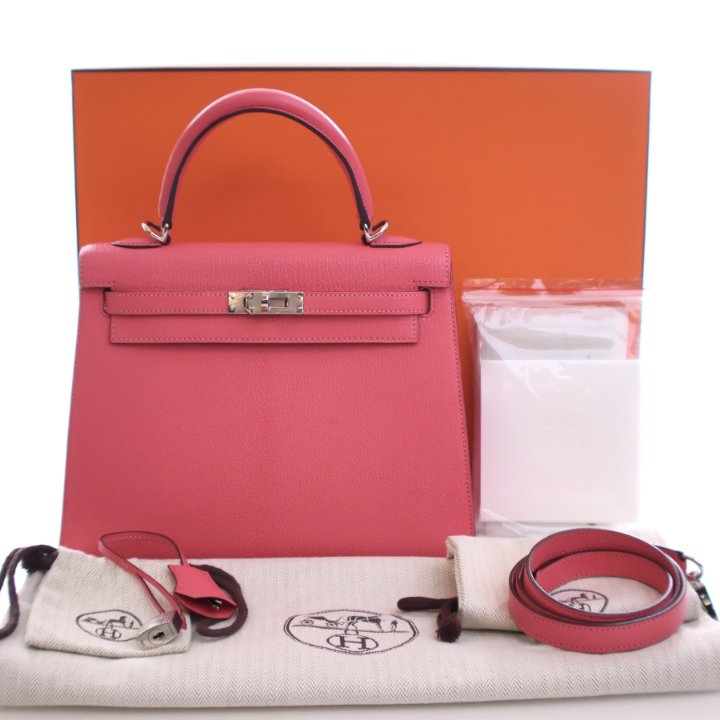 【最終処分SALE】HERMESスカーフ ピンクA-4547 Hermes Rose Lipstick Chevre Mysore Sellier Kelly 25 - Luxe Du Jour