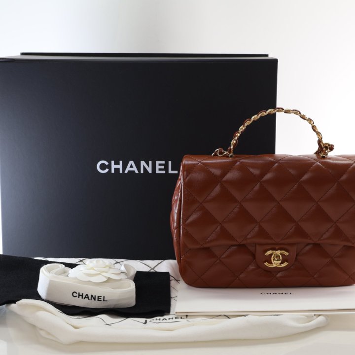 Chanel Medium Shiny Lambskin Golden Links Top Handle Flap Bag