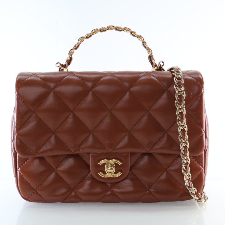 Chanel Medium Shiny Lambskin Golden Links Top Handle Flap Bag