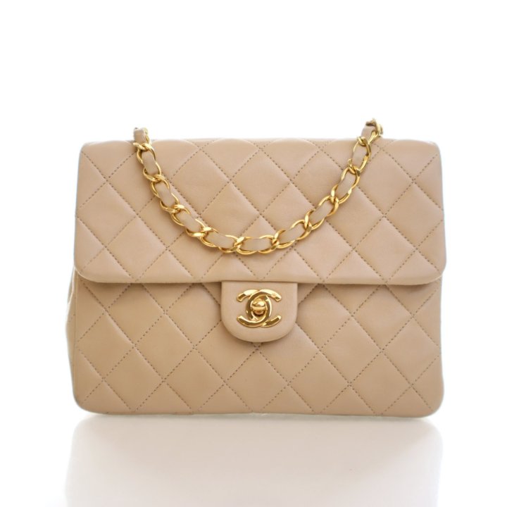 Chanel Square Classic Flap Bag Small Handbag - Beige Lambskin Gold