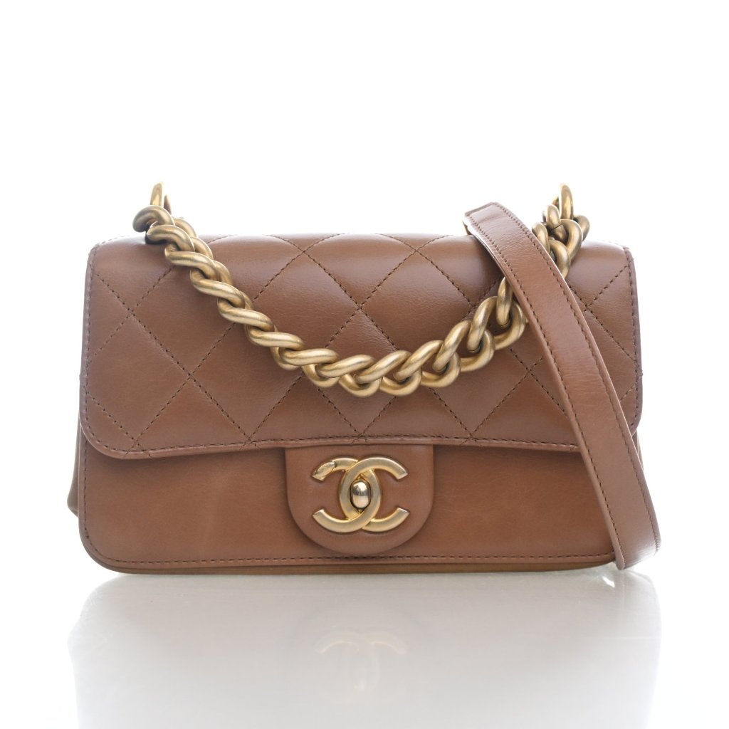 Chanel Straight Lined Flap Bag Small Handbag - Brown Calfskin Gold